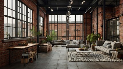 Industrial loft-style terrace with brick elements and metal rails