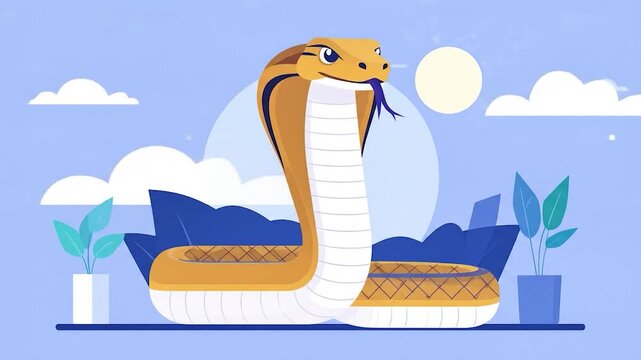 Cartoon Cobra Animation: Upright Snake with Blue Tongue and Potted Plants
