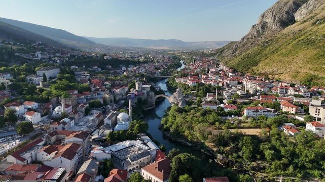 Aerial drone view of Mostar town city bosnia and herzegovina balkan country balkans old bridge Neretva River Stari Most summer july
