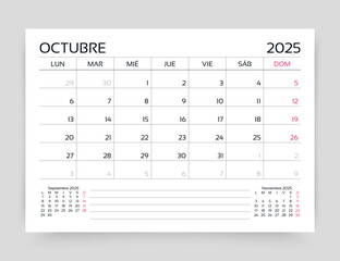 Spanish October 2025 calendar. Planner calender layout. Week starts Monday. Desk monthly organizer. Timetable template. Table schedule grid. Corporate diary. Vector illustration. Paper size A5