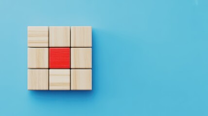Red wooden block standing out from the crowd of identical cubes, symbolizing uniqueness, leadership, and individuality.