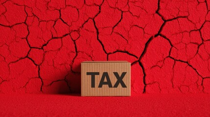 Global economic tension through symbols, featuring a tall concrete wall with the word TAX.