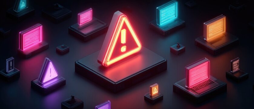 Neon warning sign amidst glowing computer models