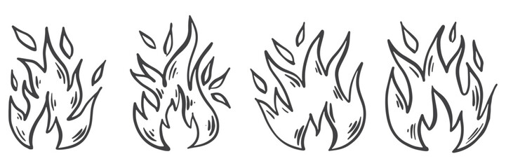Collection of hand drawn fire flames with crayon, pastel chalk or pencil texture Grunge elements in sketch style Yellow vector illustration isolated on a white background