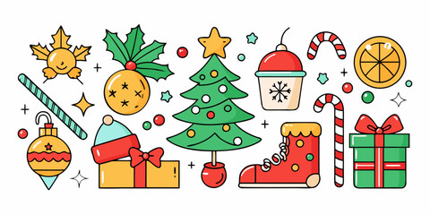 A vector illustration set of Christmas and holiday icons including decorated trees, gift boxes, and festive decorations for a happy new year celebration card design
