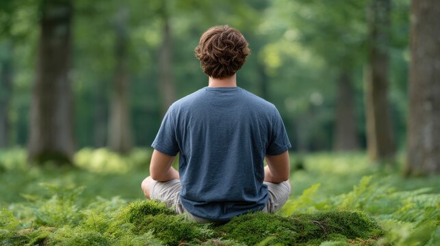 Forest bathing and being in peaceful nature. Breathing fresh air, reconnecting with nature in a lush green forest.