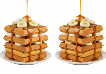 Two stacks of delicious waffles with sliced bananas and caramel syrup, isolated on transparent background