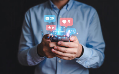 Person holding smartphone with social media notifications and icons mobile phone