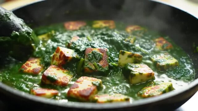 vegetarian dishes Palak paneer. Spinach and paneer in a pan