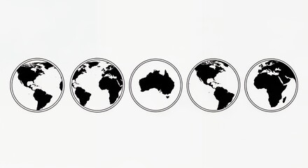 Five globes showing different continents black and white earth globes