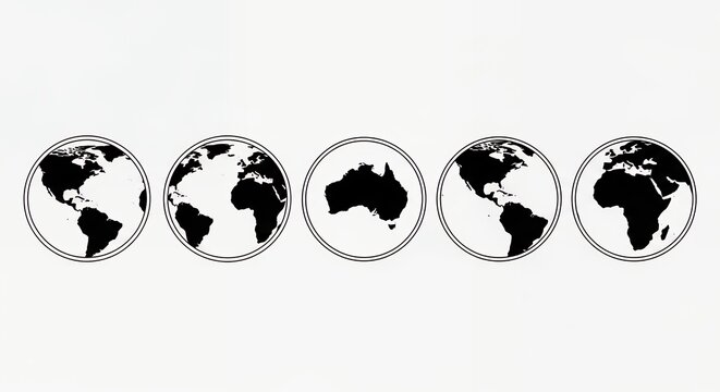 Five globes showing different continents black and white earth globes - Powered by Adobe