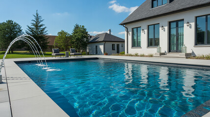 Photo of modern house with a luxurious swimming pool and backyard