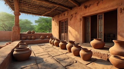 Indian village house terrace with earthen pots and traditional charpai