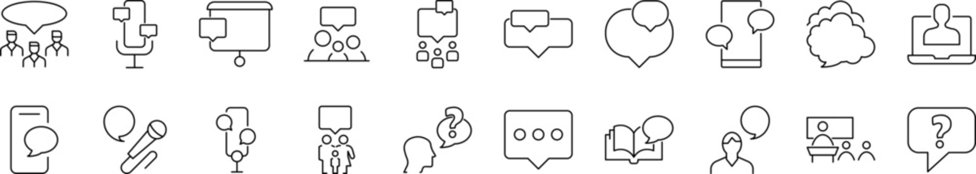 Pack of Dialogue Related Line Icons. Speech Bubble by Microphone, Smartphone, Book, People Outline Signs for Graphic and Web Design, Apps, Adverts, Various Cards