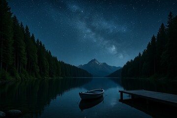 A tranquil lake reflects a starry night sky and a small rowboat docked near a wooden pier. Surrounding the calm water are dark mountains and a dense pine forest.