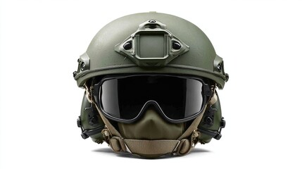 Olive-green tactical helmet with attached dark goggles and tan facemask, isolated on white background; featuring a small, square attachment on top