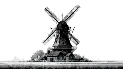 Black and white illustration of a historic windmill
