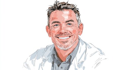 Sketch of smiling man in white coat, short hair, stubble on a white background