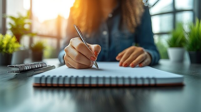 Woman writing on a notebook at a table with plants and sunlight.