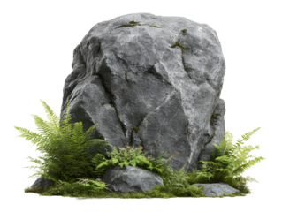 Massive Gray Boulder with Moss and Ferns at the Base, Front View, Isolated on Transparent Background