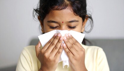 Child blowing nose with tissue