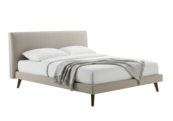 Modern upholstered bed with headboard, pillows, and blanket, isolated on transparent background