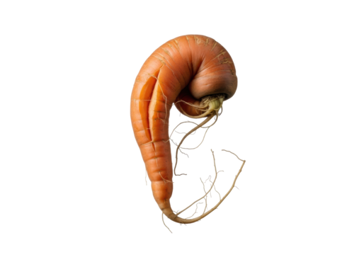 A single organic carrot, bent with a deep longitudinal split, dry wiry roots, and earthy orange skin, isolated on a transparent background, concept of natural organic imperfection
