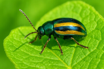 Naklejka premium Green beetle with yellow stripes on a vibrant green leaf
