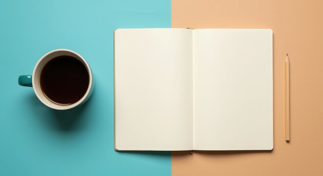Blank Notebook, Coffee, Pencil: Minimalist Flatlay Workspace Mockup.
