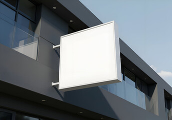 Empty white rectangular sign mounted on a modern dark gray building exterior. Blank sign affixed to a contemporary architectural structure with glass balcony.