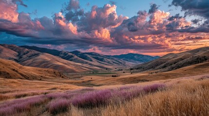 Fototapeta premium Sunset over a valley with hills and clouds