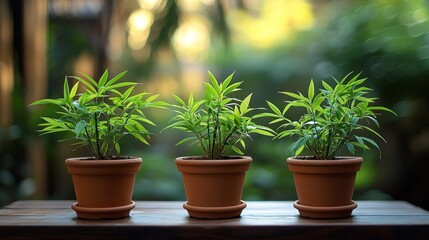 Fototapeta premium Three small potted plants in terracotta pots