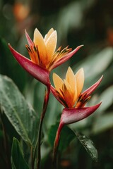 Two vibrant, peach-orange flowers with crimson accents, set against a backdrop of lush greenery