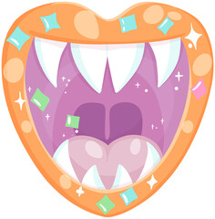 Cartoon heart-shaped mouth with colorful teeth and sparkle effects.