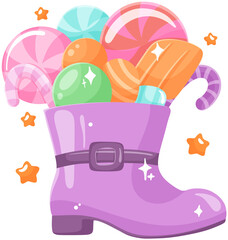 Colorful candy-filled boot overflowing with sweets and treats.