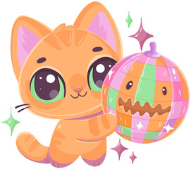 Cute orange cat holding a colorful ball.