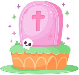 Whimsical cake topped with a pink tombstone and skull decoration.