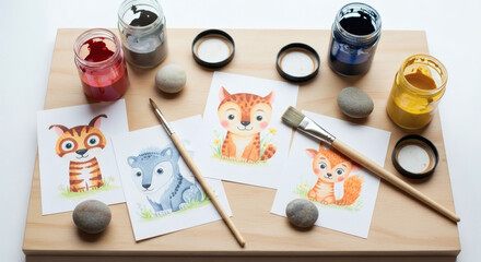 Charming watercolor illustrations of a fox, tiger, and wolf next to art supplies like paint jars and brushes on a wooden board.