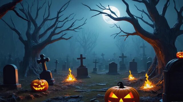 Halloween graveyard scene at night. A full moon illuminates tombstones, bare trees, and glowing jack-o'-lanterns, creating a spooky and eerie atmosphere.