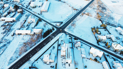 Countryside winter landscape aerial view
