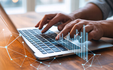 Person typing on laptop with digital data visualization overlay hands fingers