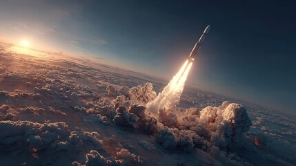 Rocket launching above clouds at sunrise