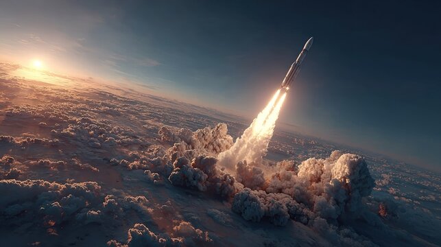 Rocket launching above clouds at sunrise