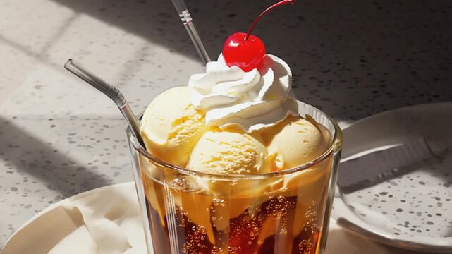 Creamy ice cream soda topped with whipped cream and a cherry, served in a glass on a table