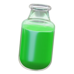 A vibrant green liquid in a clear glass bottle on a black background. Could be used for science, potions or healthy drinks.