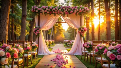 Romantic Outdoor Wedding Ceremony:  Floral Arch, Sunset, Pink Flowers, Wooden Chairs,  Aisle Decor.