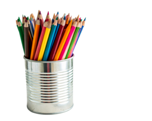 Bright pencils in a silver canister