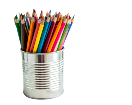 Bright pencils in a silver canister