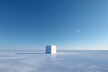 A solitary cube stands out against the vast blue sky and reflective surface, creating a minimalist and contemplative scene.