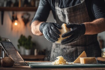 Chef in gloves, grating cheese